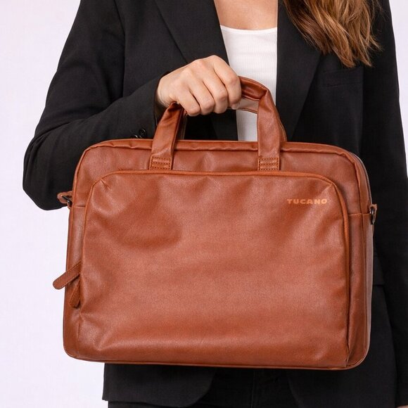 Tucano Handbags - Tucano Brown Faux Leather Laptop Briefcase Top Handle Work Bag